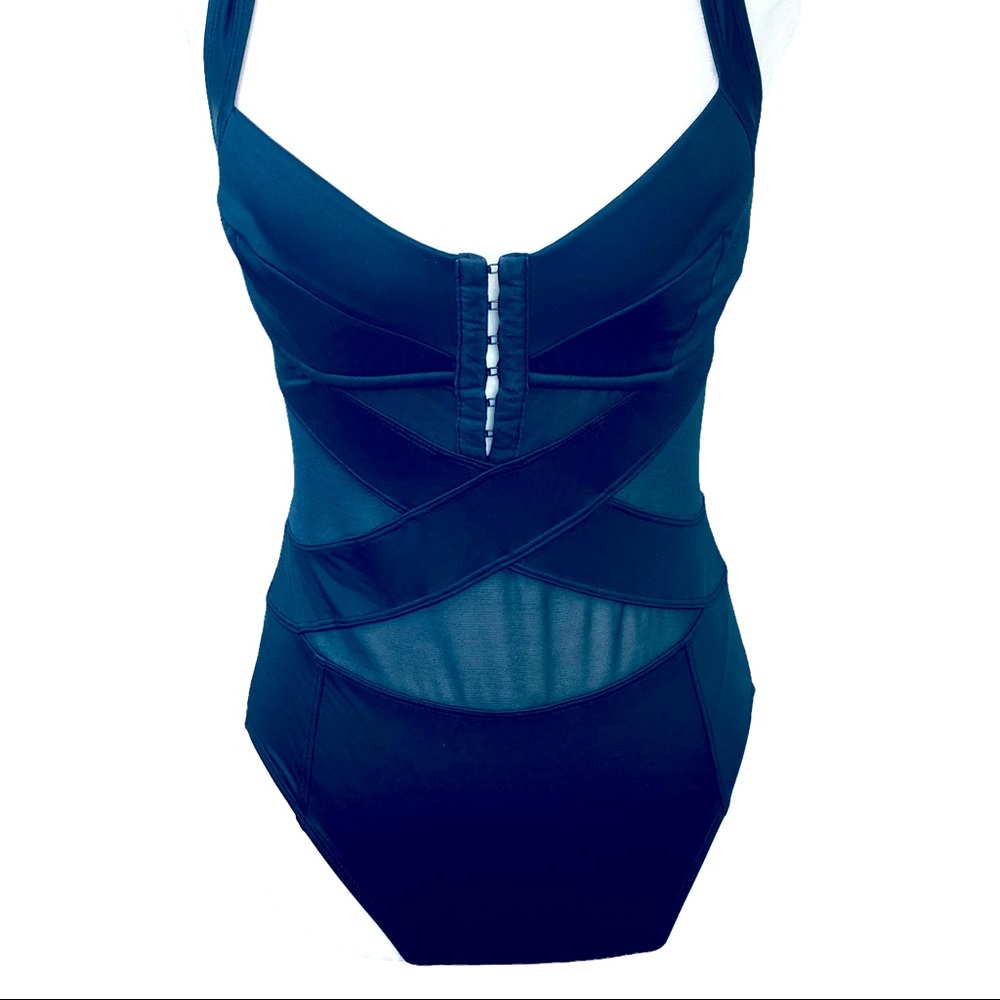 Beach Betty Black Front Hook Closure & Mesh Waist 1PC Swimsuit; M